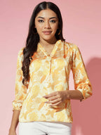 Myshka Women Mustard Floral V-Neck Regular Sleeves Polyester Top | Grocsy