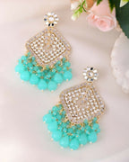 VOJ Gold-Polished Kundan And Teal Stone Studded Drop Earrings