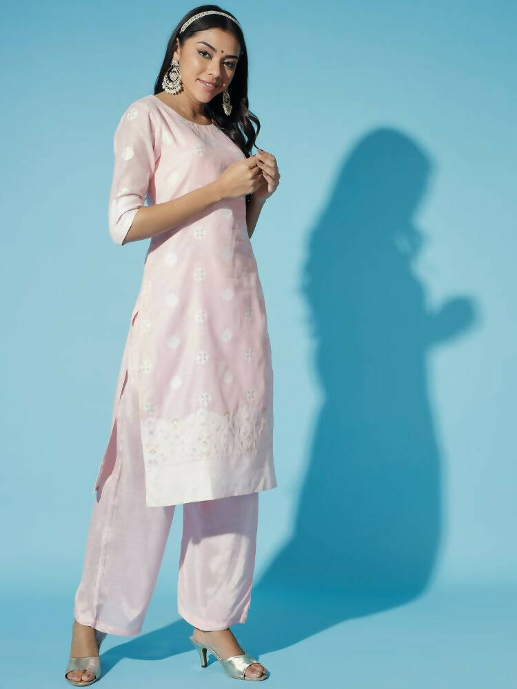 Myshka Women Pink Embroidered Kurta & Trousers With Dupatta | Grocsy