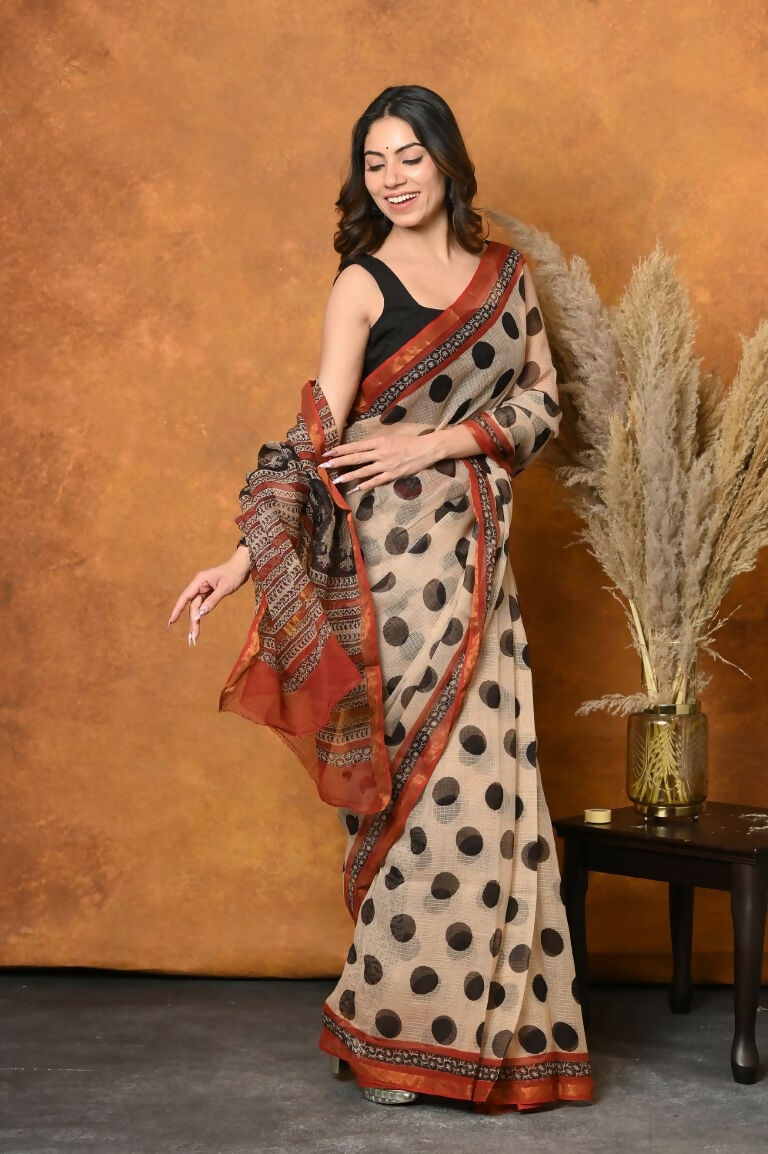 Very Much Indian Handblock Printed Cotton Saree With Natural Dyes - White | Grocsy