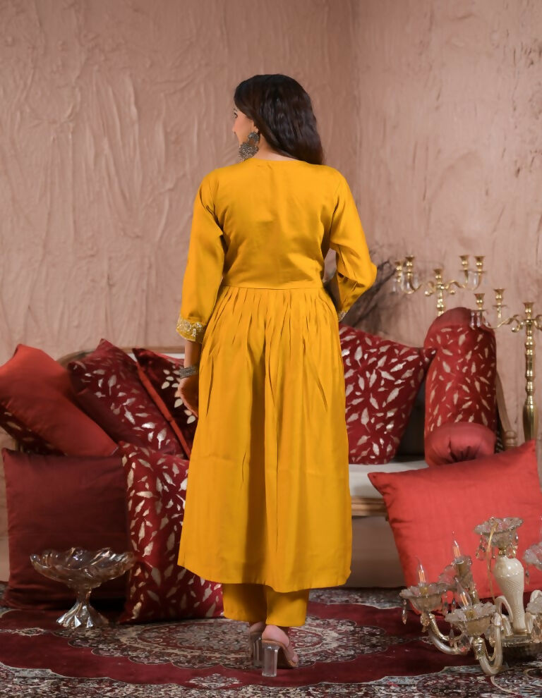 Ethnic Festive Wear Viscose Chanderi Yellow Stitched Suit With Dupatta - Tanisha | Grocsy