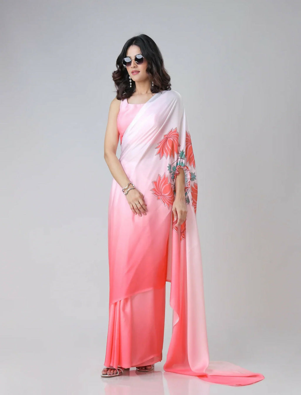 Vastranavya Blush Pink Freehand Floral Print Ready to Wear Saree | Grocsy