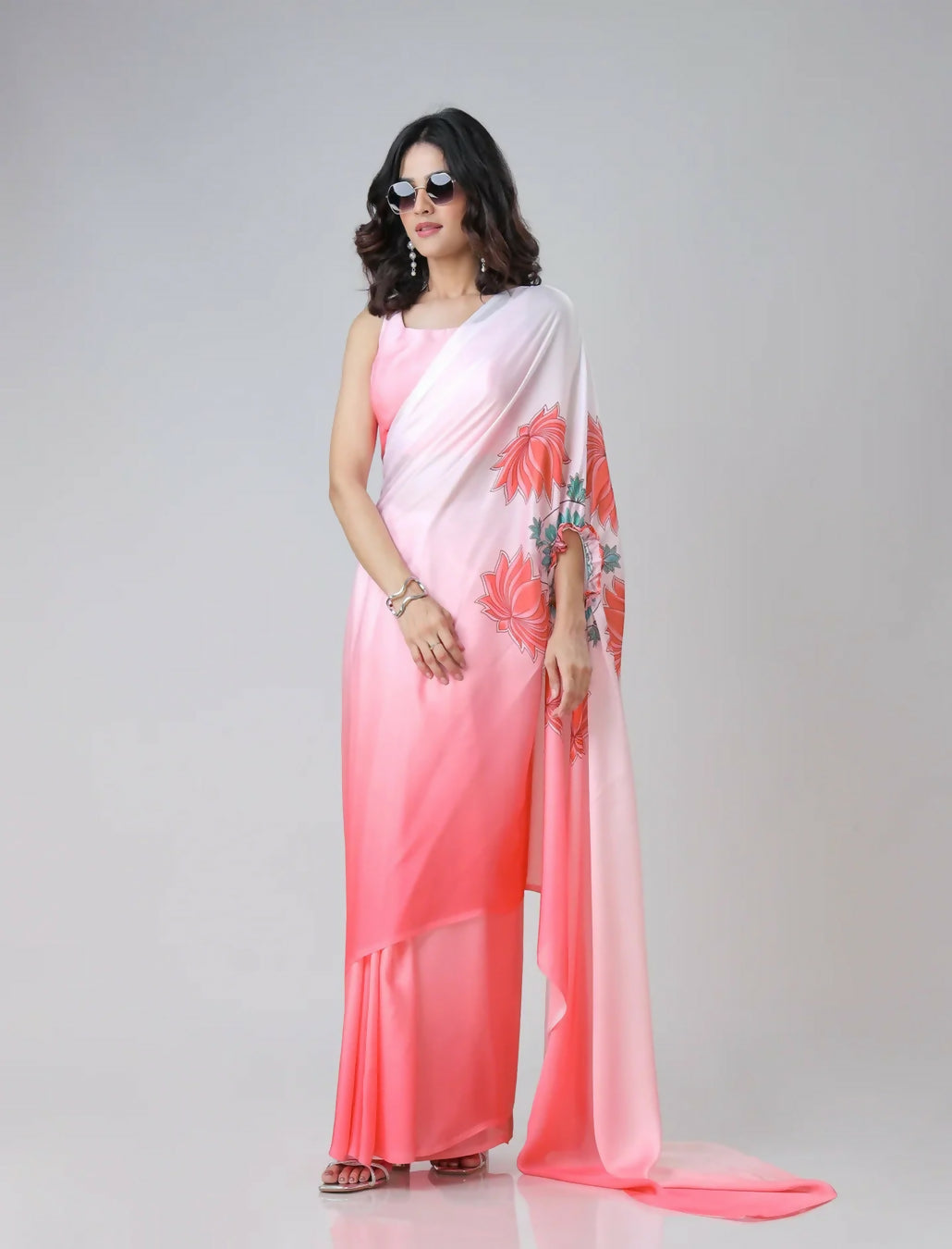 Vastranavya Blush Pink Freehand Floral Print Ready to Wear Saree | Grocsy