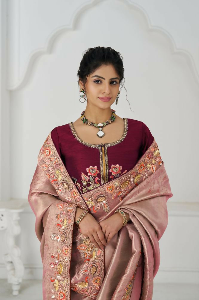 Kesar Fab Prettt Pink Color With Multi-Thread And Sequins Embroidery For Wedding Saree | Grocsy