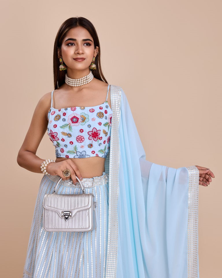 Lehenga Mart Designer Wedding Lehenga Choli For Women - Sky Blue | Grocsy