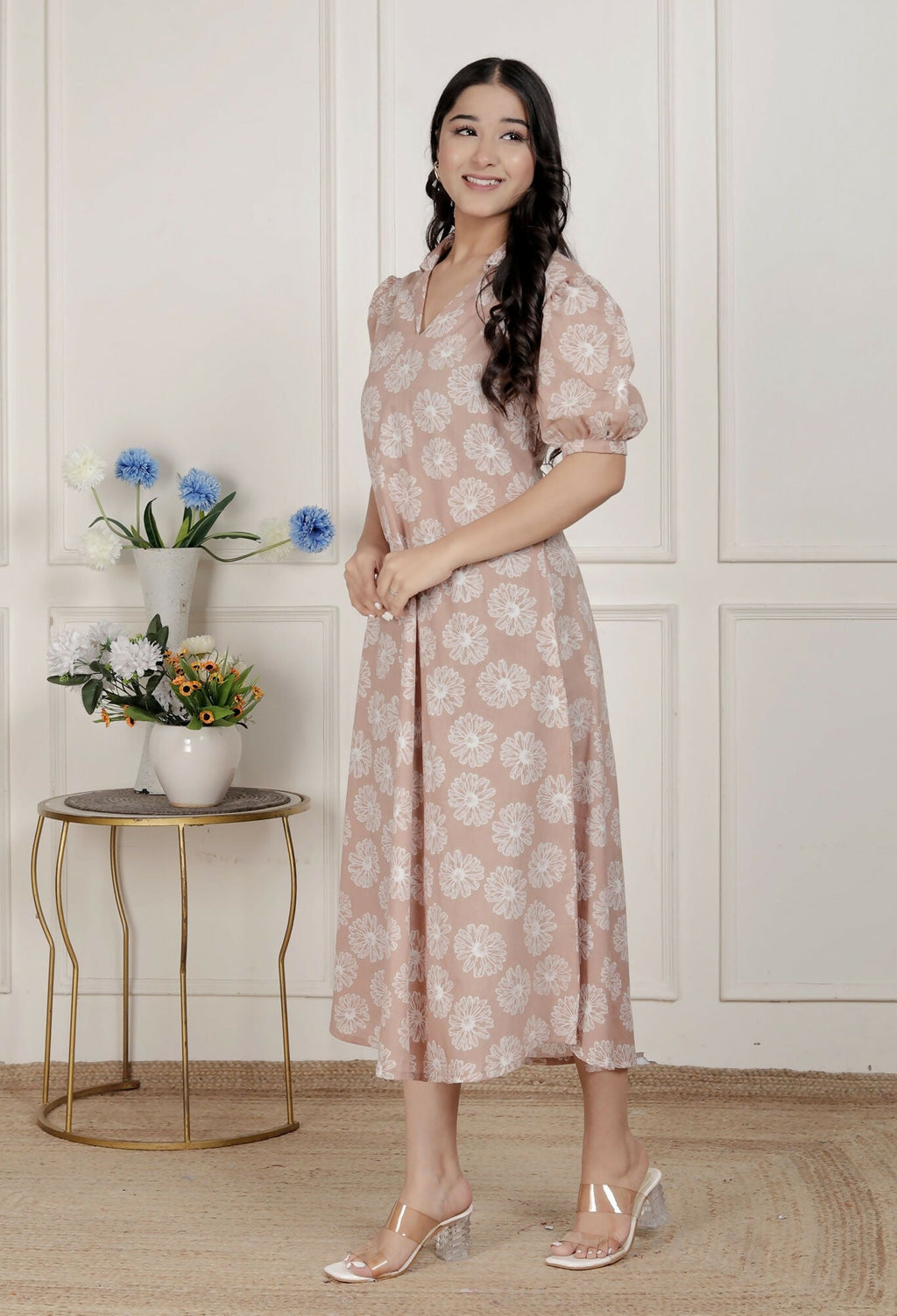 Miravan Womens Puff Sleeve Cheeku Pure Cotton Printed Maxi Dress | Grocsy