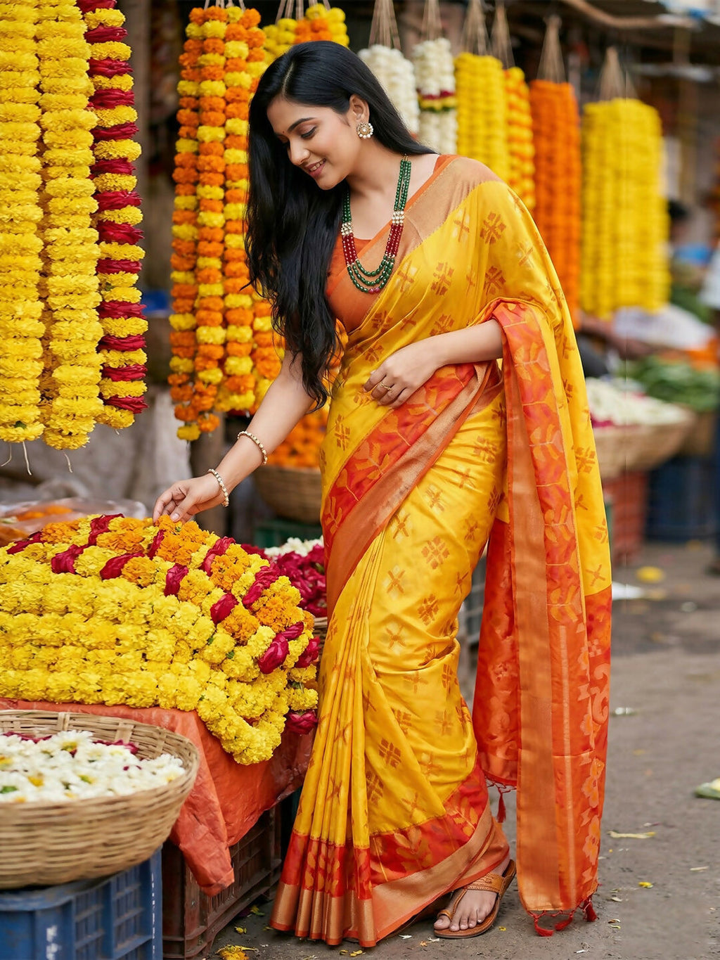 Shree Shyam Fashion Yellow Pochampally Silk Saree | Grocsy