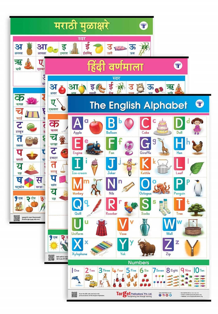 Jumbo Set of 3 Early Learning Charts contains Alphabets & Numbers in Hindi,English & Marathi for kids | Grocsy