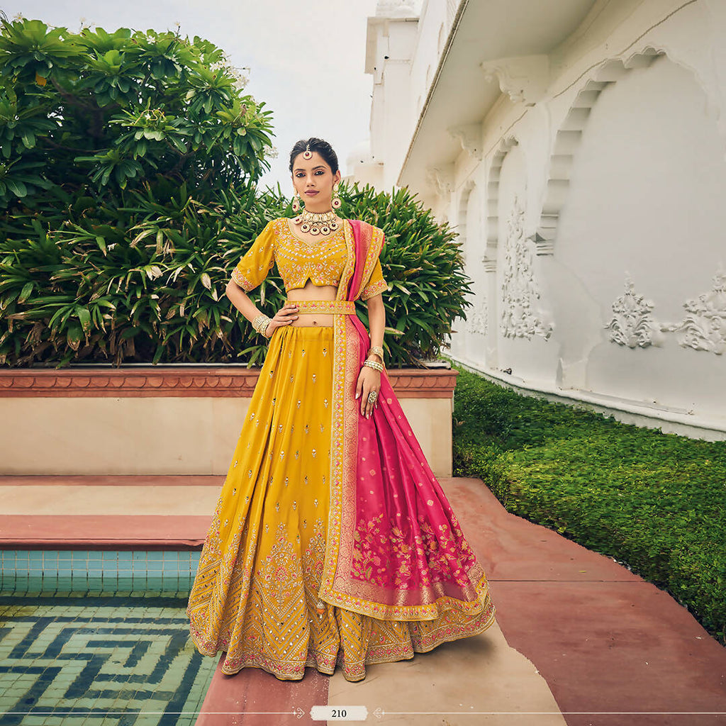 Yellow Heavy Viscose Khatli, Embroidery & Mirror Work Unstitched Lehenga Choli - Sisha Keshav | Grocsy
