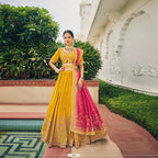 Yellow Heavy Viscose Khatli, Embroidery & Mirror Work Unstitched Lehenga Choli - Sisha Keshav | Grocsy