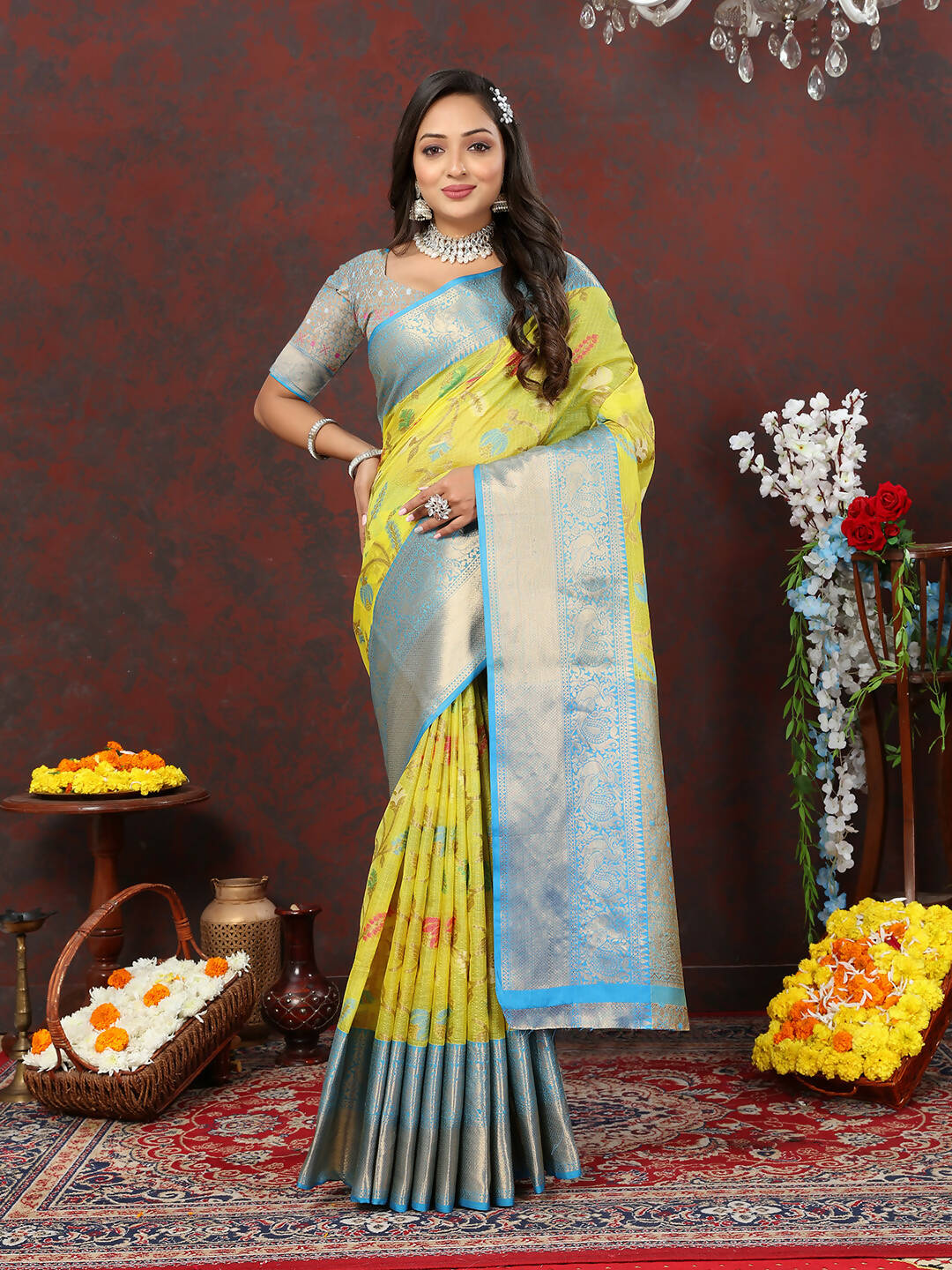 Lorenvalley Fashion Yellow Cotton Woven Design Zari Meenakari Weaving Saree | Grocsy