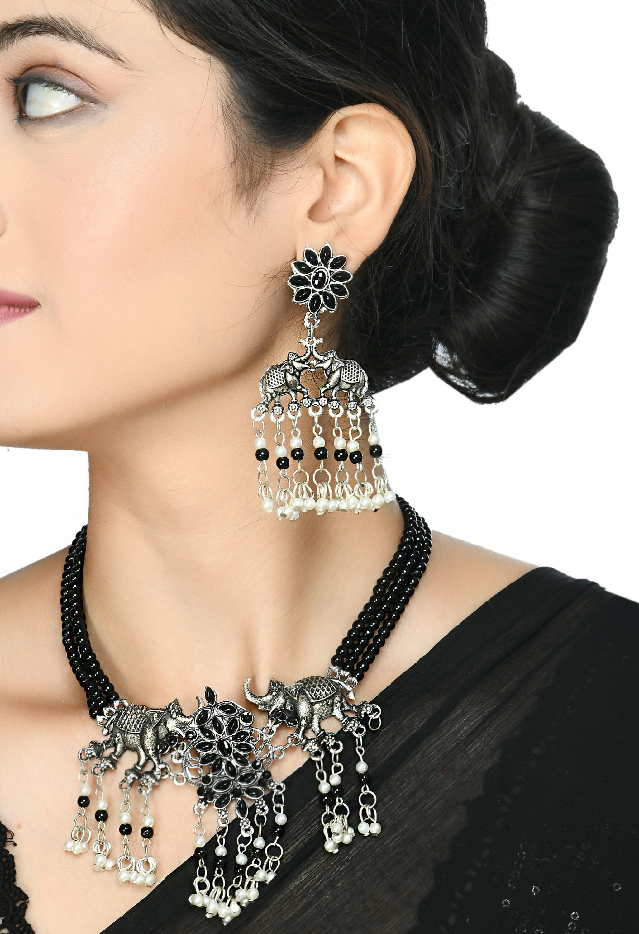 Mominos Fashion Johar Kamal Silver-Plated Brass Finish Elephant Desgin Choker For Women (Black) | Grocsy