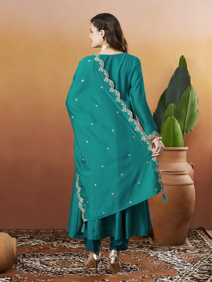 The52 Rama Women's Beautiful Vichitra Silk Fabric Embroidered Work Flared Anarkali Pant and Dupatta Set | Grocsy