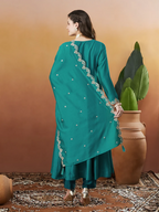 The52 Rama Women's Beautiful Vichitra Silk Fabric Embroidered Work Flared Anarkali Pant and Dupatta Set | Grocsy