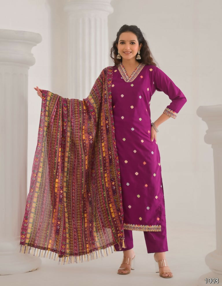 Festive Ethnic Viscose Chanderi Rani Pink Stitched Suit With Dupatta - Rashmika | Grocsy