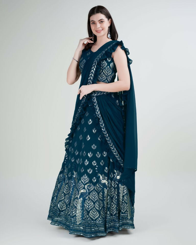 Teal Georgette Sequence Embroidered Lehenga Choli with Dupatta - Tanya | Grocsy