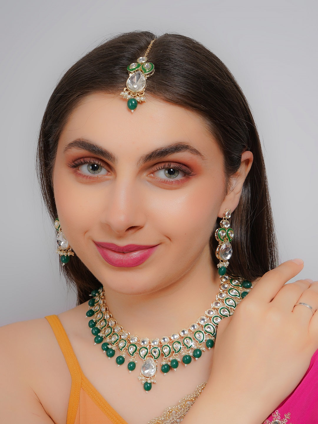Divisha Alloy Gold-plated Green Jewellery Set | Grocsy