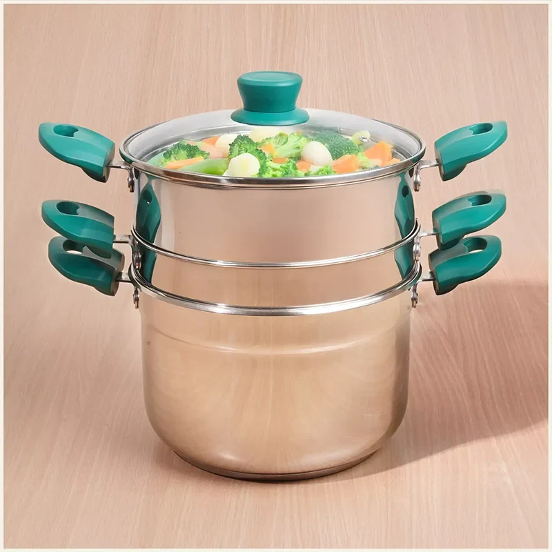 The Indus Valley Tri-steel Multi Cooker Pot Premium Stainless Steel Momo Maker/ Idiyappam/ Biryani/  Veg Steaming Set, 3 Pots, 21cm | Grocsy
