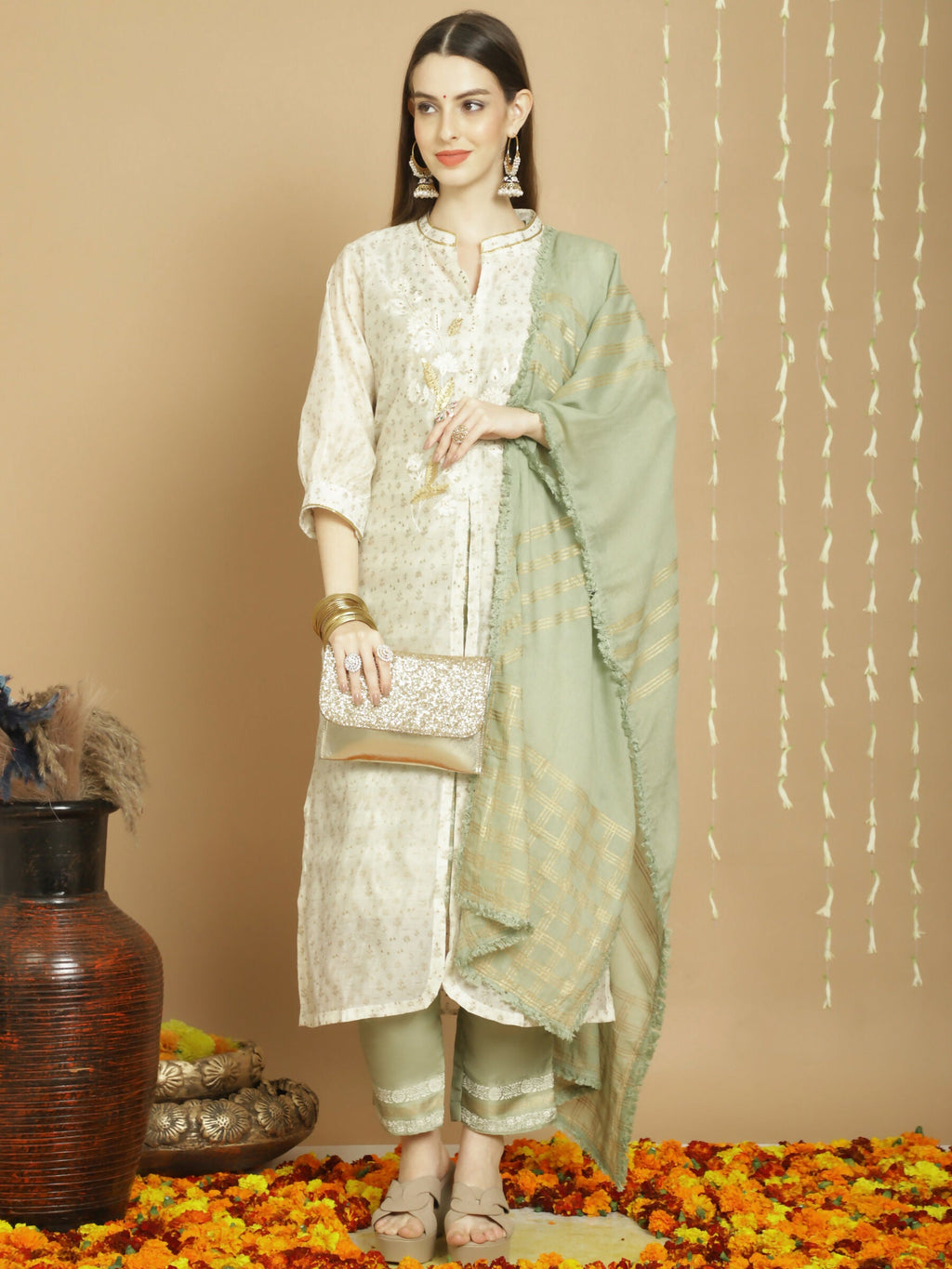 Jyoti Fashion Women's Off White Chanderi Silk Elegant Jardoshi Kurta with Trouser & Dupatta | Grocsy