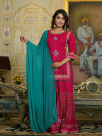 Juniper Women's Fuchsia Ethnic Motif Printed Liva Rayon Tunic Sharara and Dupatta Set With Sequins & Gota Patti Work | Grocsy
