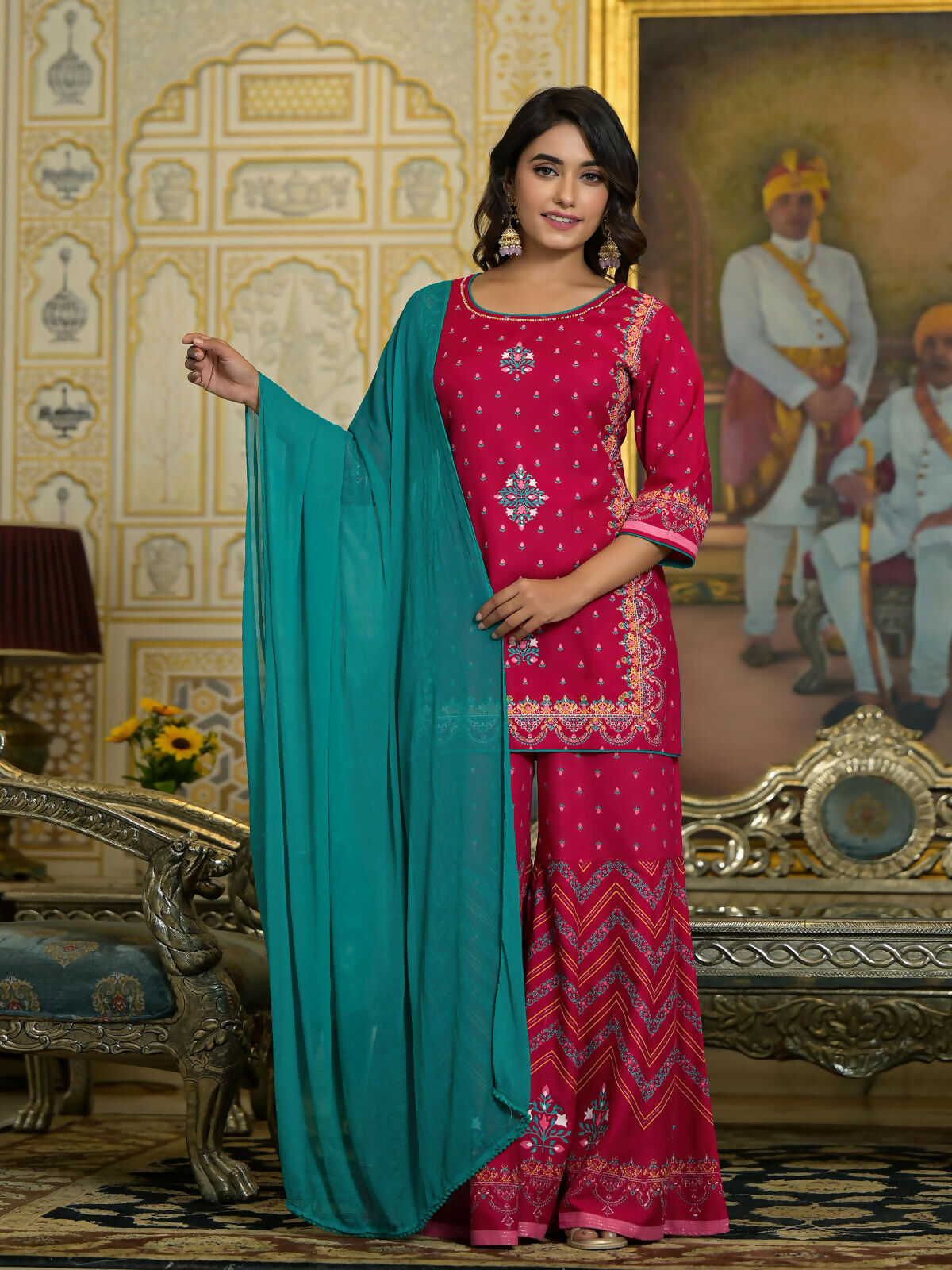 Juniper Women's Fuchsia Ethnic Motif Printed Liva Rayon Tunic Sharara and Dupatta Set With Sequins & Gota Patti Work | Grocsy