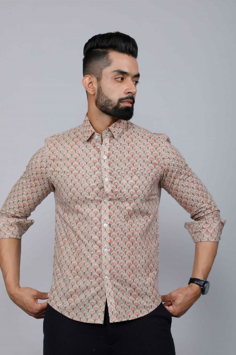 Miravan Men's Beige Pure Cotton Handblock Floral Print Shirt | Grocsy