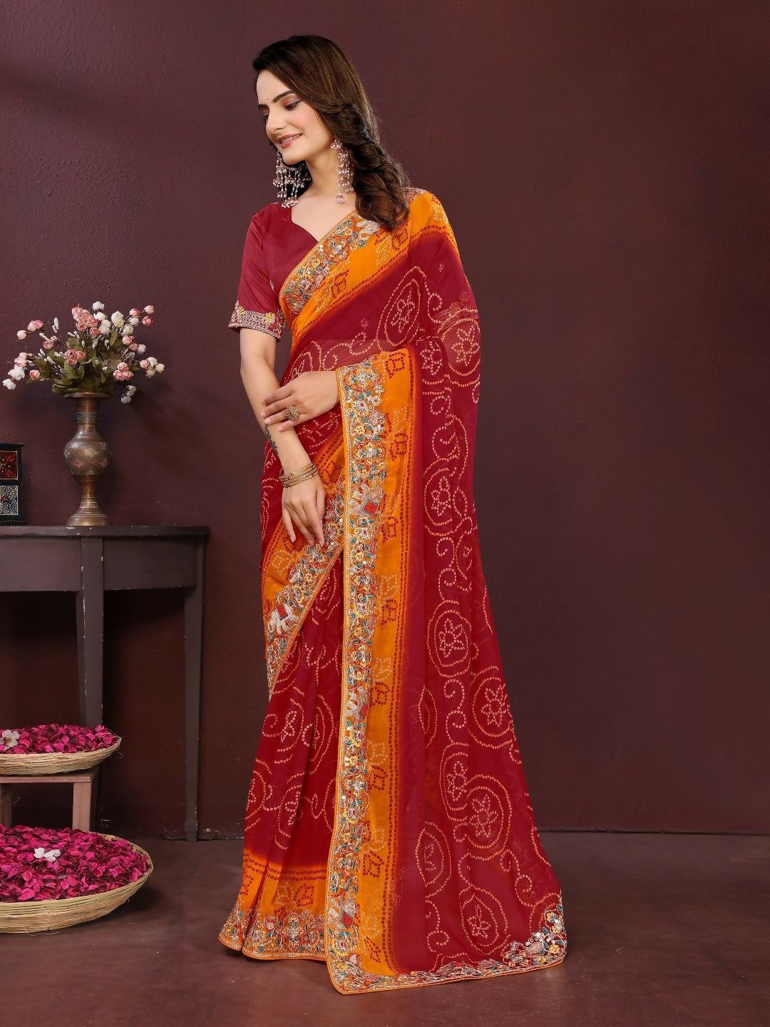 Ai Fashion Maroon Georgette Digital Print Party Wear Saree | Grocsy