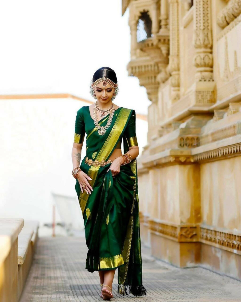 DEIANA'S Beautiful Designer Golden zari Soft Lichi Silk Saree - Green | Grocsy