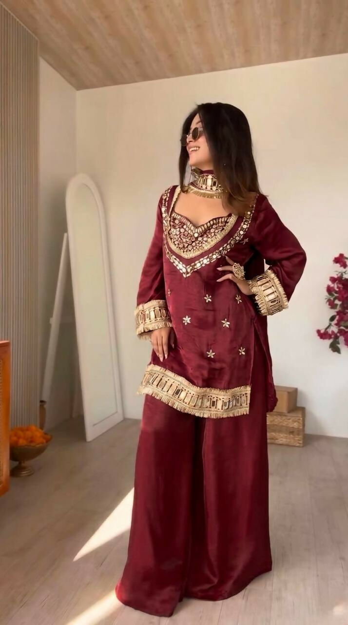 Teeya Creation New Trendy Stylish Real Mirror Work With Lace Border Maroon Kurta Set | Grocsy