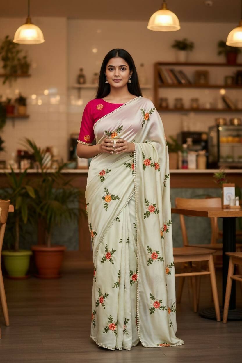 Teeya Creation Cream Rangoli Silk Embroidery Work Party Wear Designer Saree | Grocsy