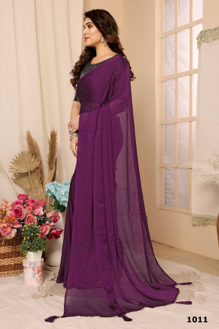 Aafreen Partywear Designer Purple Satin Chiffon Fancy Saree | Grocsy