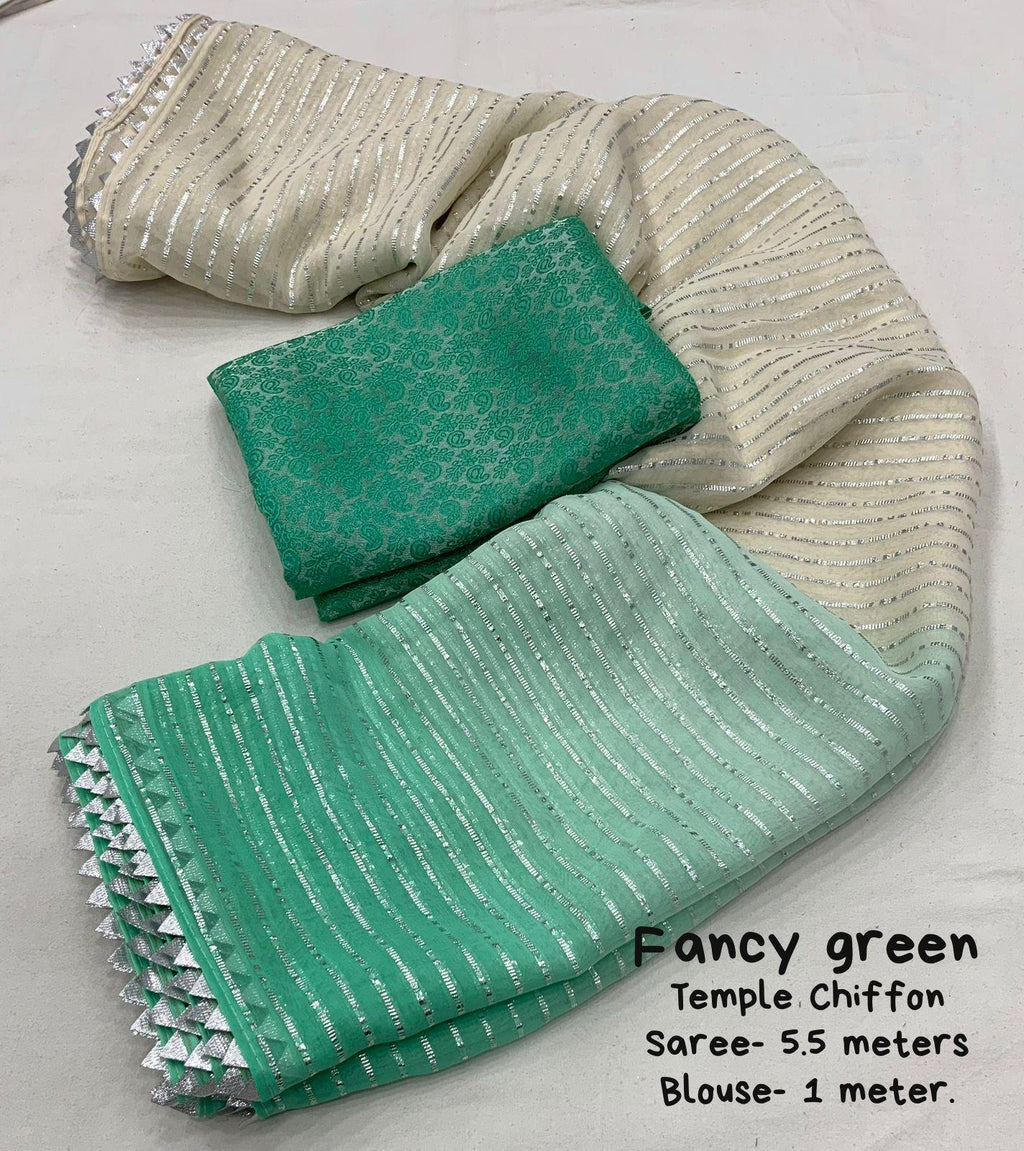 Green Poly Chiffon Striped Saree with Unstitched Blouse - A2M | Grocsy
