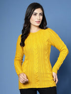 Women Mustard Acrylic Self Design Winter Dress - Wool Trees | Grocsy