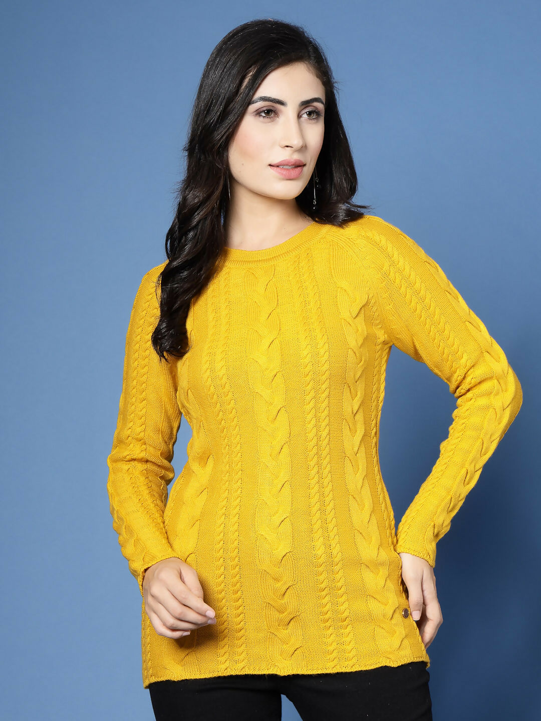 Women Mustard Acrylic Self Design Winter Dress - Wool Trees | Grocsy