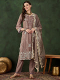 Sangria Floral Embroidered Mirror Work Straight Kurta, Trouser & Dupatta Set | Grocsy