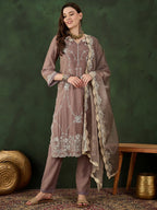 Sangria Floral Embroidered Mirror Work Straight Kurta, Trouser & Dupatta Set | Grocsy