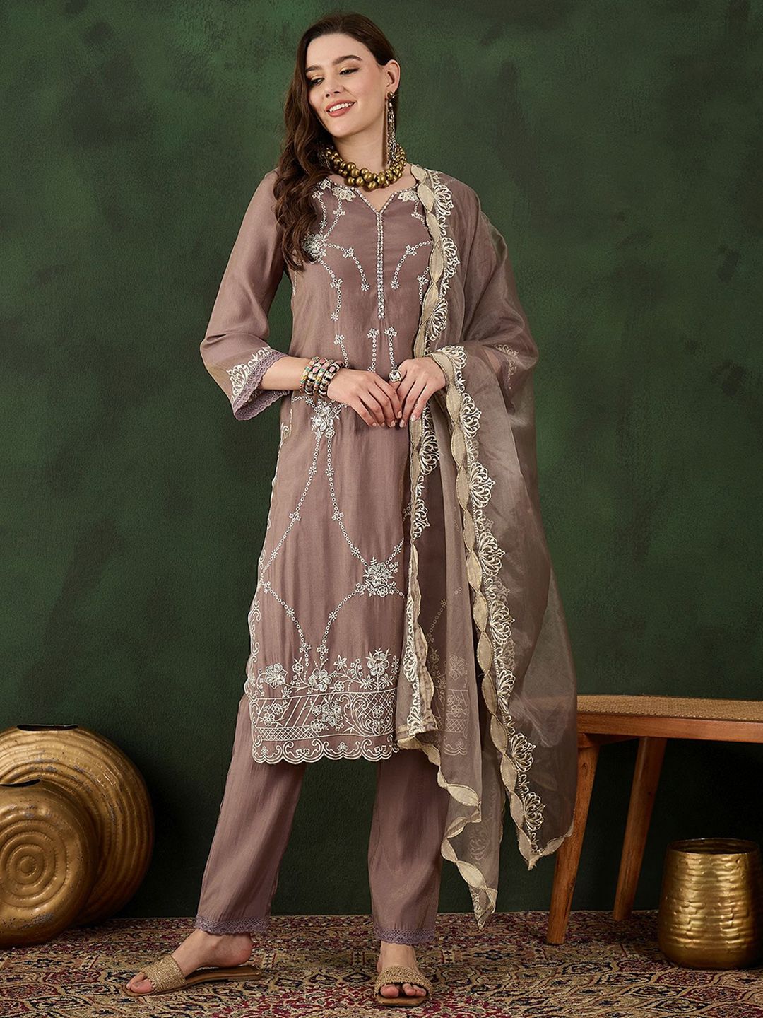Sangria Floral Embroidered Mirror Work Straight Kurta, Trouser & Dupatta Set | Grocsy