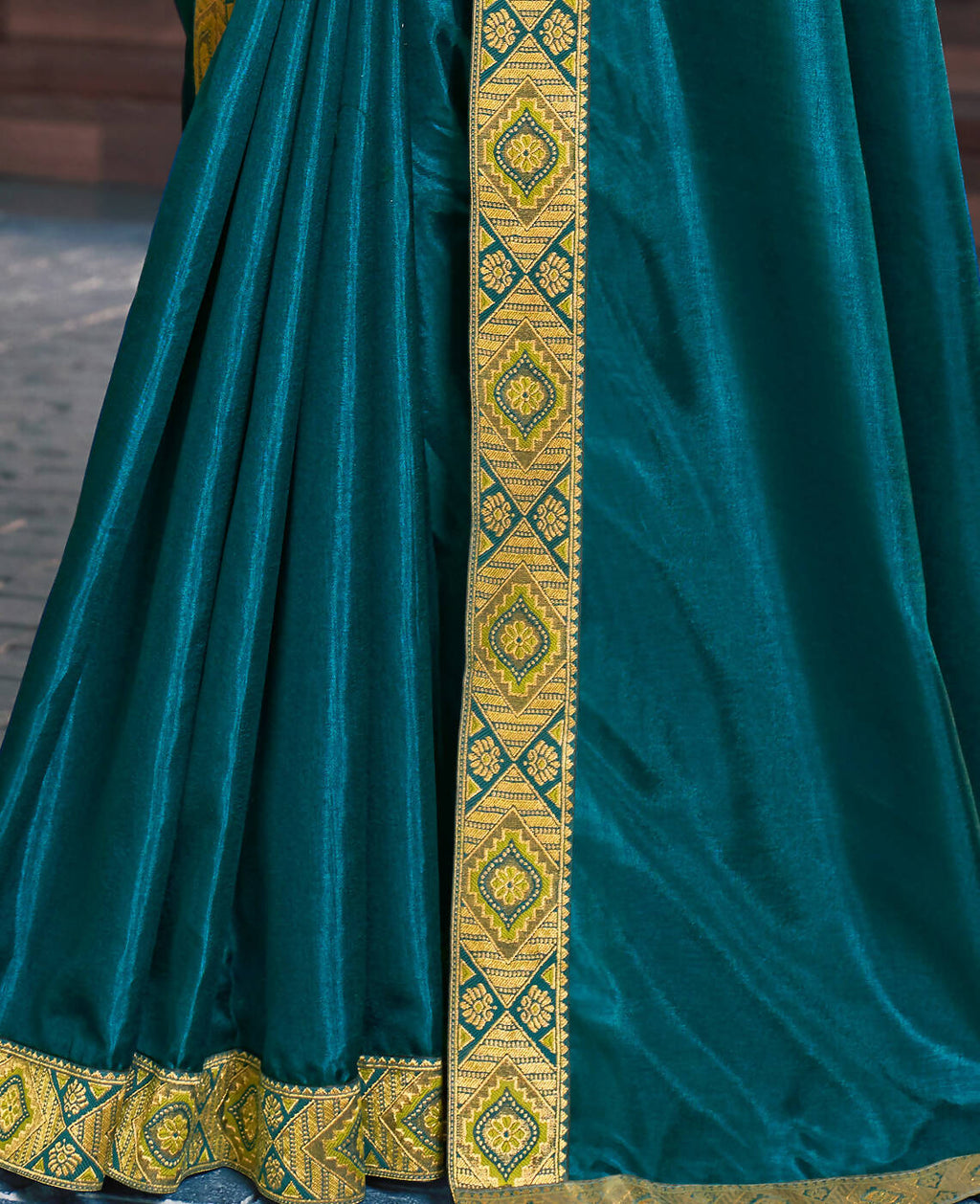 Teal Solid Vichitra Saree With Unstitched Blouse Piece - Selena | Grocsy