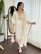 Cream Viscose chanderi Stitched Suit With Dupatta - Tanisha | Grocsy