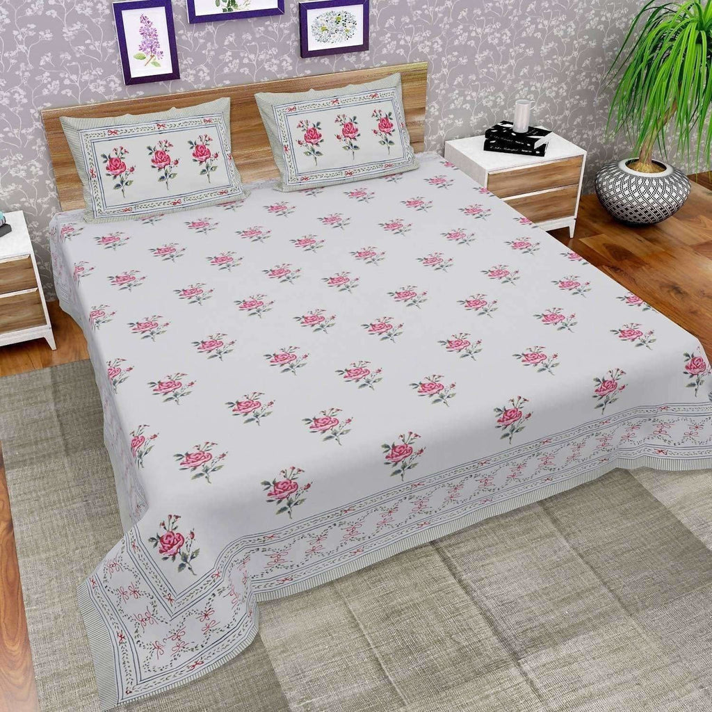 Hand Block Printed Double/Queen 90x108 Inches Bedsheet/Bedspread with 2 Pillow Covers | Grocsy