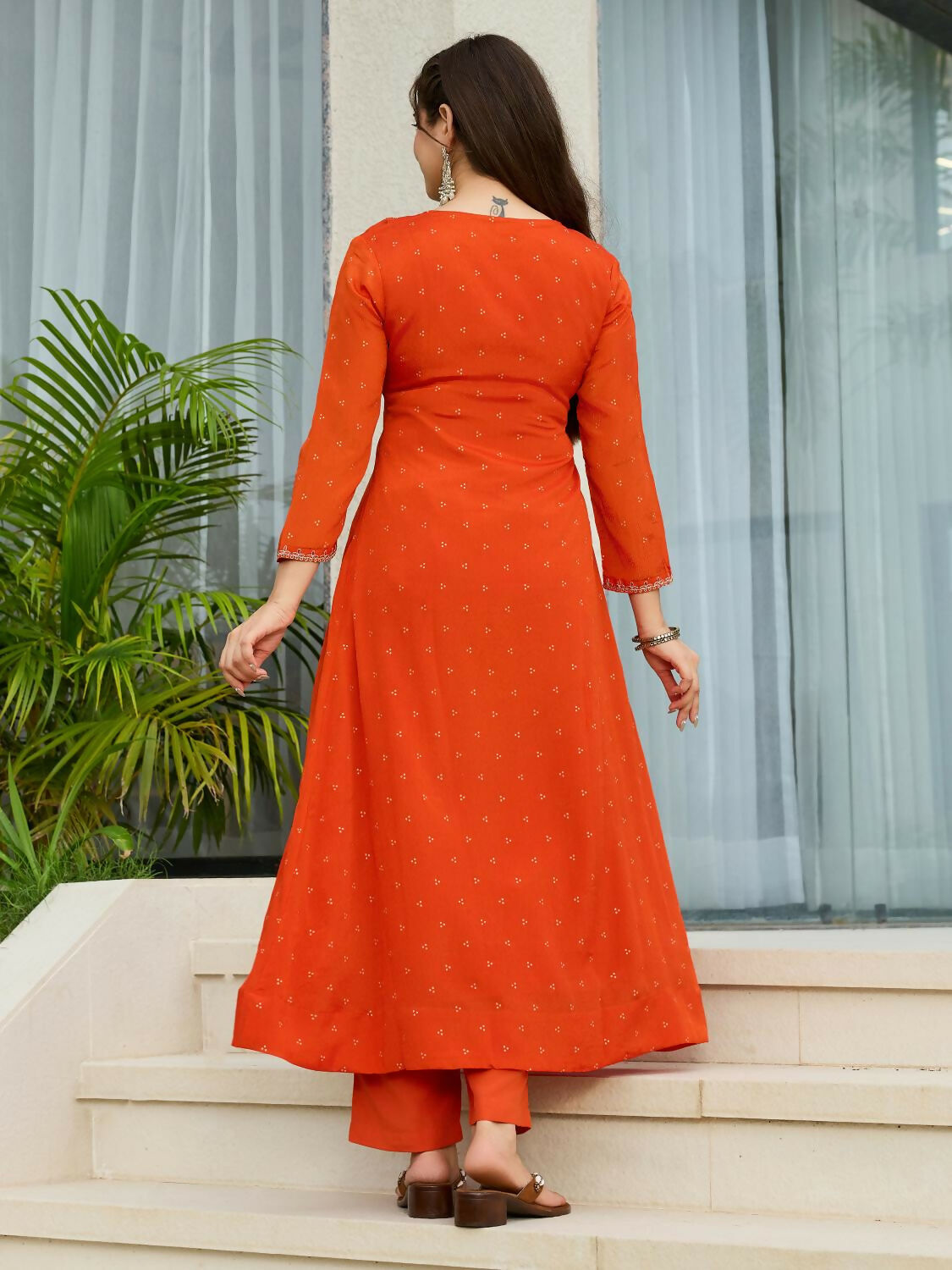 The52 Orange Women's Gorgeous Embroidered Chinon Fabric Flared Kurta Pant and Dupatta Set | Grocsy