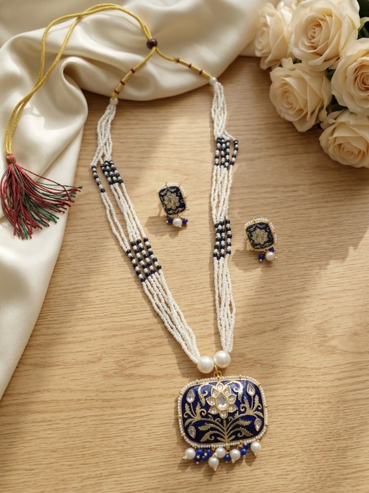 Jewel City Blue Kundan Pearl Long Necklace Set|Festival Jewelry For Women | Grocsy