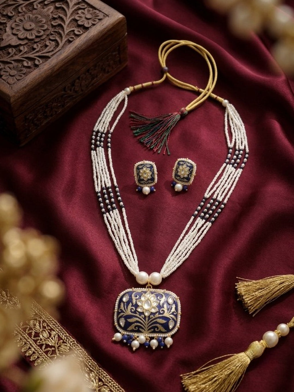 Jewel City Blue Kundan Pearl Long Necklace Set|Festival Jewelry For Women | Grocsy