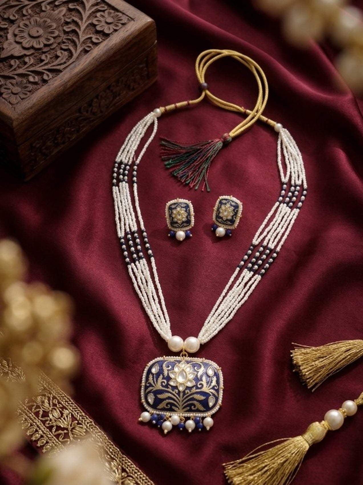 Jewel City Blue Kundan Pearl Long Necklace Set|Festival Jewelry For Women | Grocsy