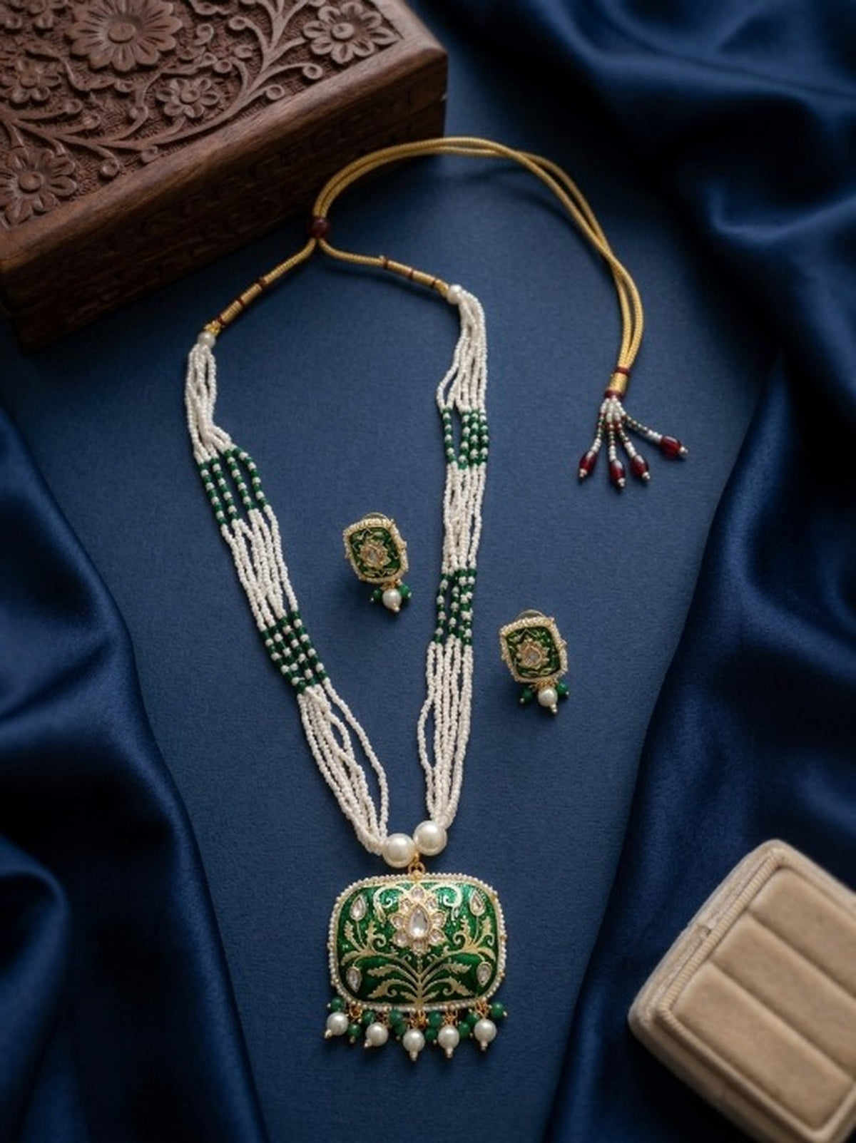 Jewel City Green Enamel Kundan Pearl Long Necklace Set For Festival Jewelry | Grocsy