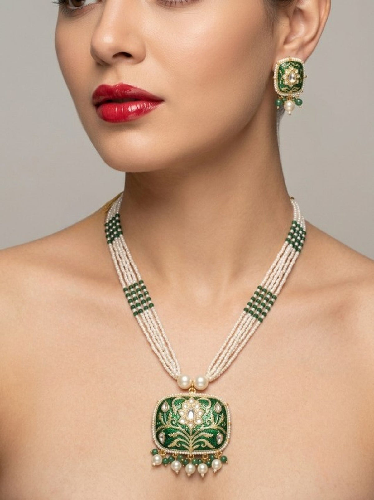 Jewel City Green Enamel Kundan Pearl Long Necklace Set For Festival Jewelry | Grocsy