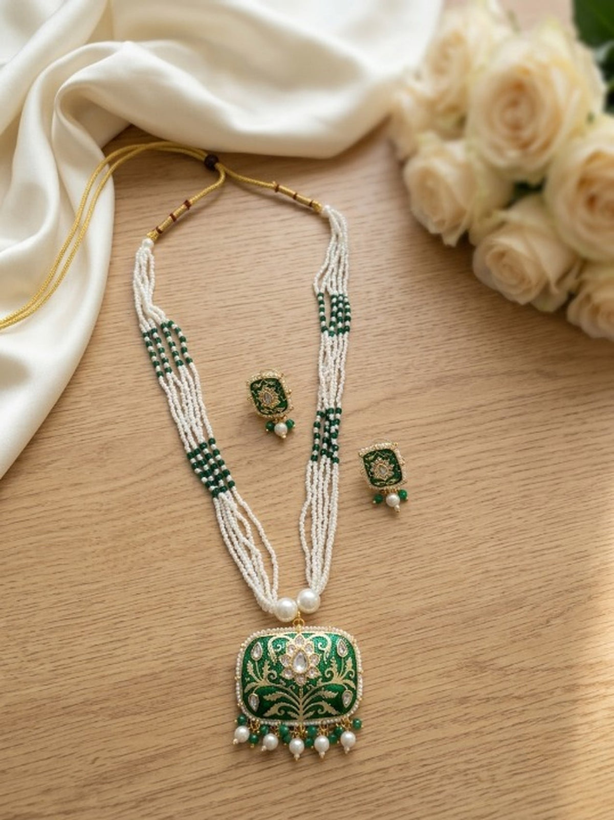 Jewel City Green Enamel Kundan Pearl Long Necklace Set For Festival Jewelry | Grocsy