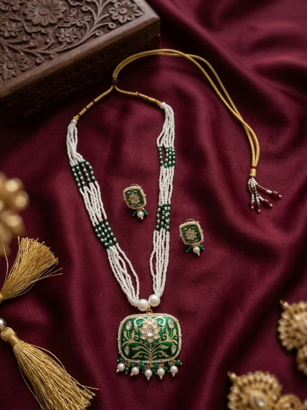 Jewel City Green Enamel Kundan Pearl Long Necklace Set For Festival Jewelry | Grocsy