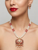 Jewel City Red Kundan Pearl Long Necklace Set|Festival Jewelry For Women | Grocsy
