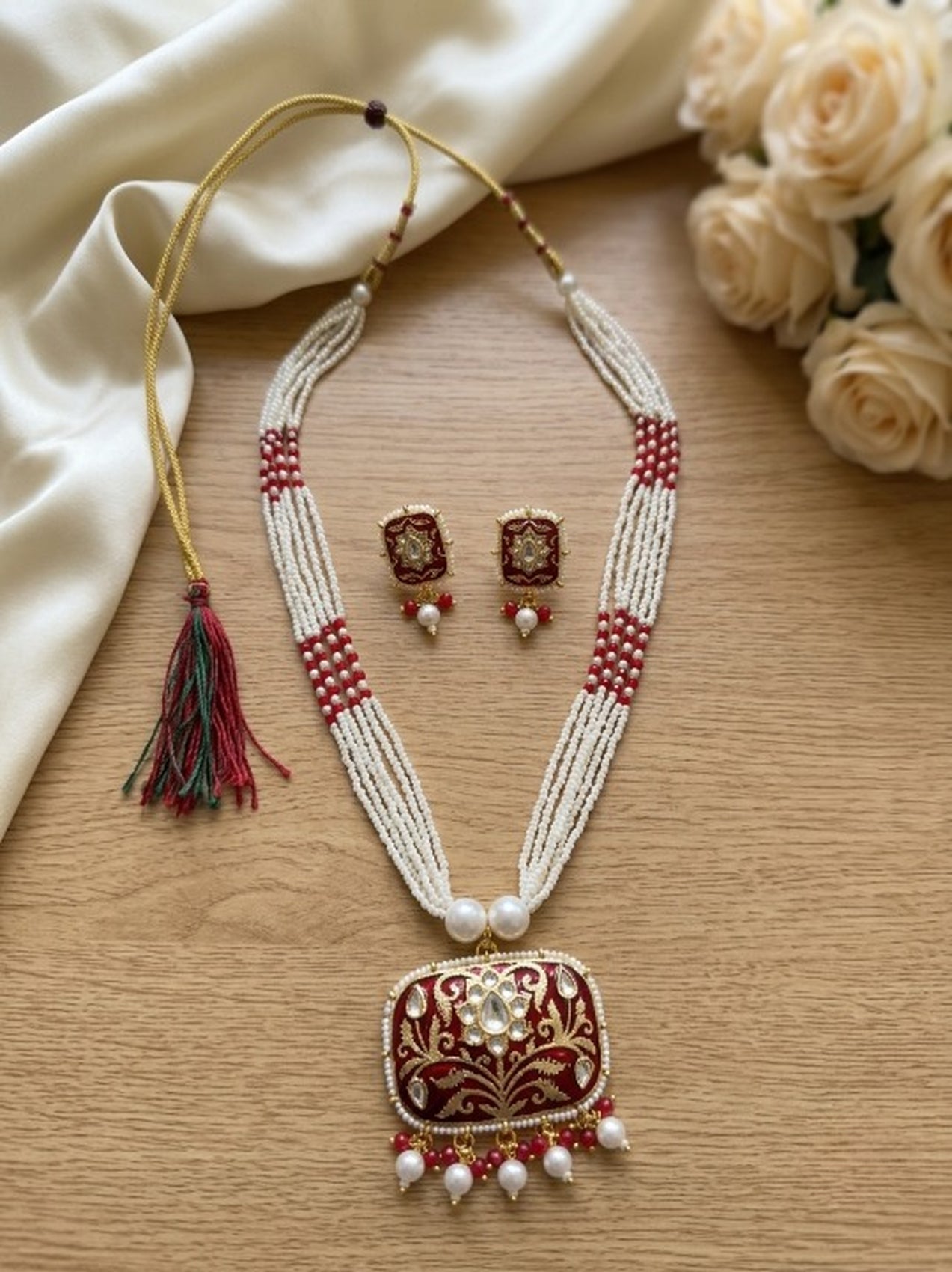 Jewel City Red Kundan Pearl Long Necklace Set|Festival Jewelry For Women | Grocsy